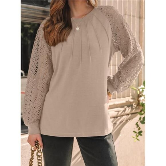 Womens Long Sleeve Shirts Pleated Lace Tops Fall Fashion Outfits - Picture 5 of 7